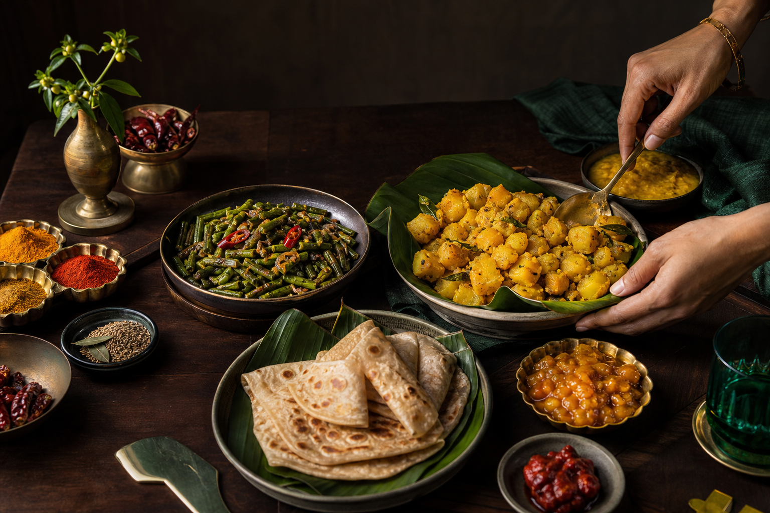 Vegetarische Surinaamse tafel met roti en masalagroenten