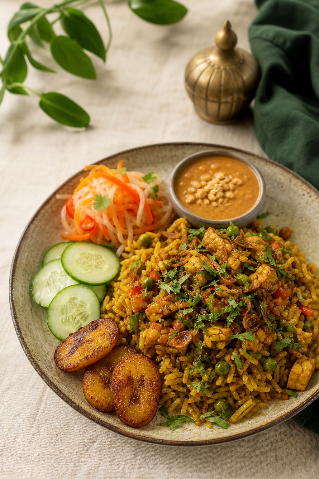 Vegetarische nasi met tempeh, bakbanaan en pindasaus